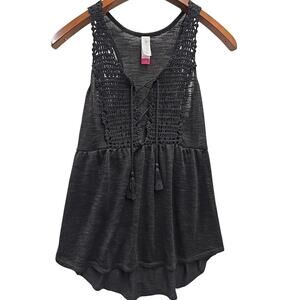 NOBO Women's Babydoll Crochet Lace-up Front Tank Top M Burnout Sheer Black